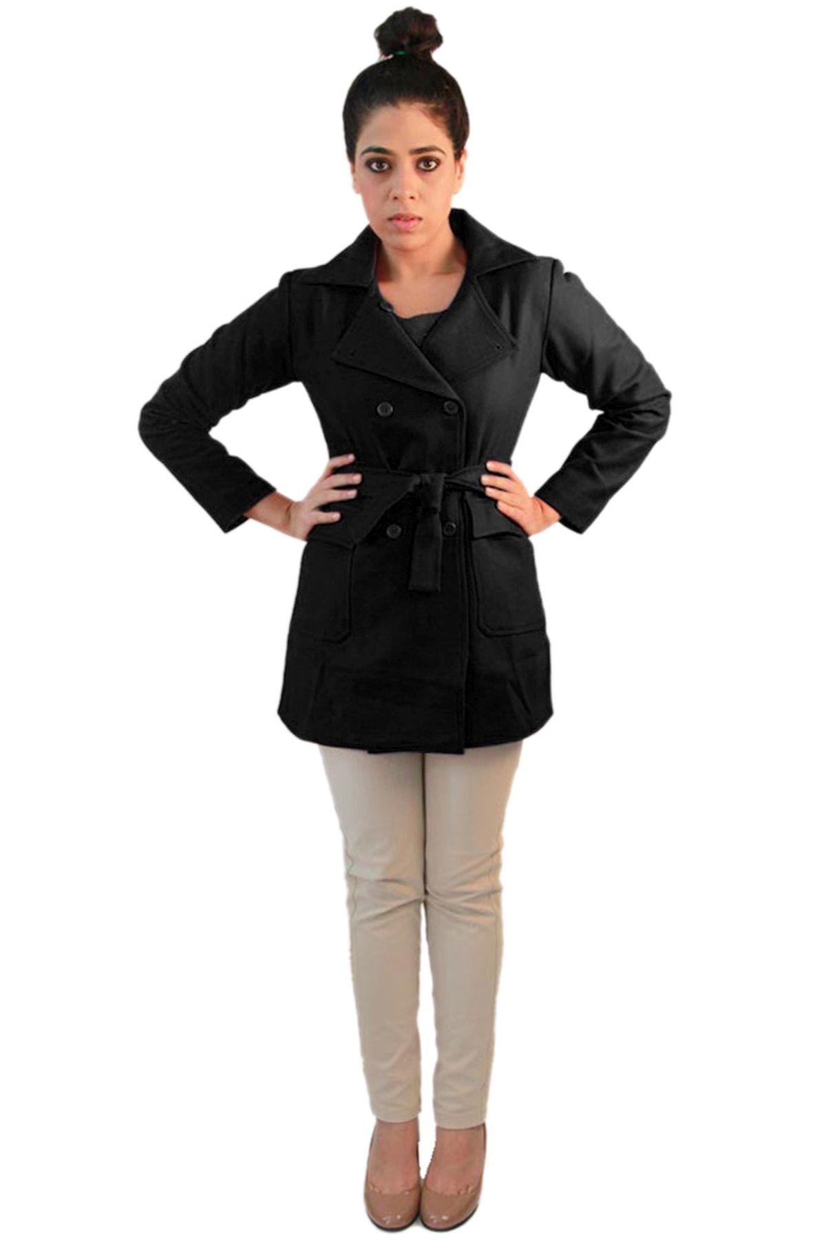 Black Woollen Cropped Trench Coat | Women